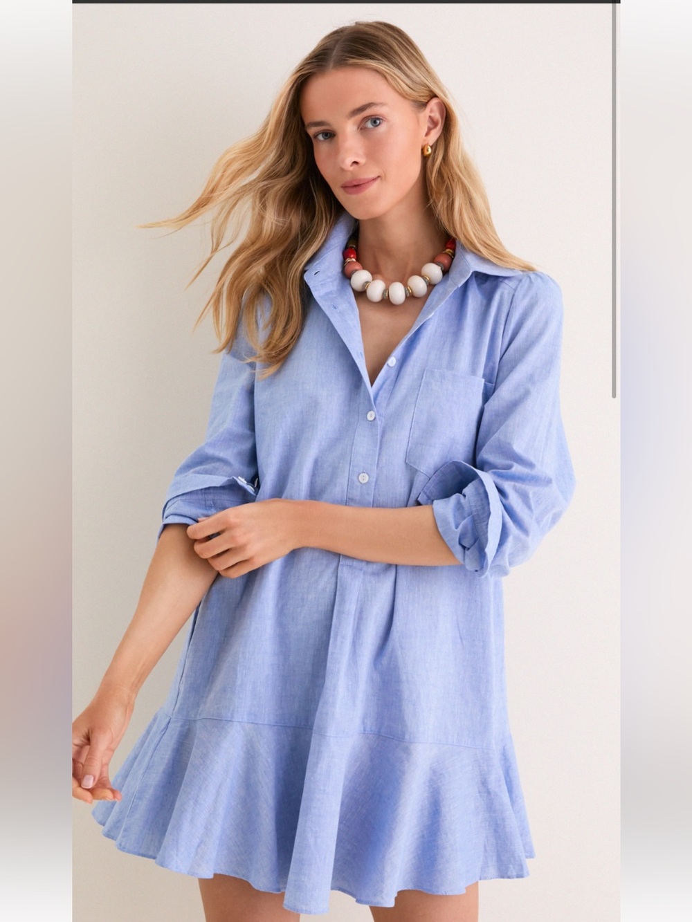 Tuckernuck Light Blue Button-Front Ruffled Hem Dress